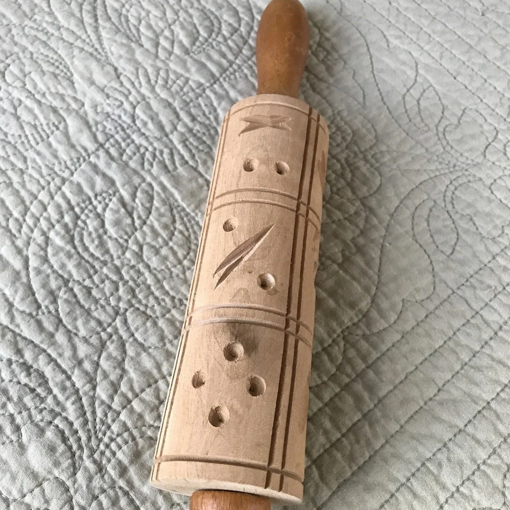 Vintage Wooden Springerle Rolling Pin 12 Square Carved Cookie Mold Folk Art